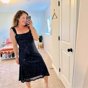 NWT Laundry by Shelli Segal Navy Blue Sequin Sparkle MIDI Dress 8